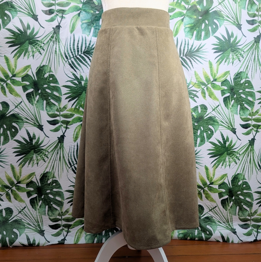 Messini Suede Greenish Brown Midi A-Line Skirt (Size: Medium)